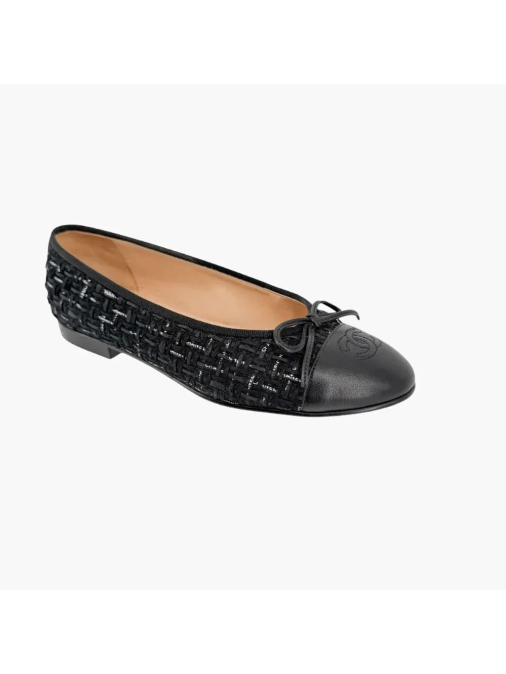 Chanel CC Cap Toe Logo Tweed Ballet Flats Black Leather Size 37 US 6-6.5 Women's - Picture 9 of 15